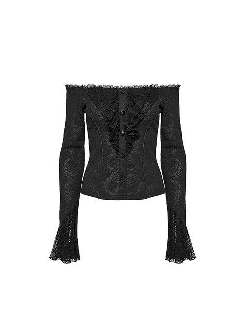 Exquisite Black Rose Woven Stitching Lace Double Layer Ruffle Front Center False Placket Gothic Style Long Sleeved Low Neck T-Shirt