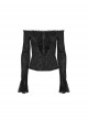 Exquisite Black Rose Woven Stitching Lace Double Layer Ruffle Front Center False Placket Gothic Style Long Sleeved Low Neck T-Shirt