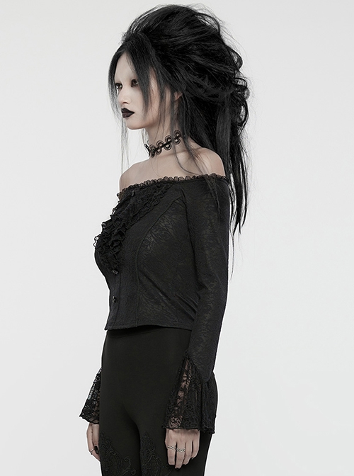 Exquisite Black Rose Woven Stitching Lace Double Layer Ruffle Front Center False Placket Gothic Style Long Sleeved Low Neck T-Shirt