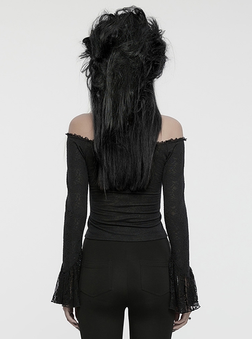 Exquisite Black Rose Woven Stitching Lace Double Layer Ruffle Front Center False Placket Gothic Style Long Sleeved Low Neck T-Shirt