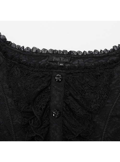 Exquisite Black Rose Woven Stitching Lace Double Layer Ruffle Front Center False Placket Gothic Style Long Sleeved Low Neck T-Shirt