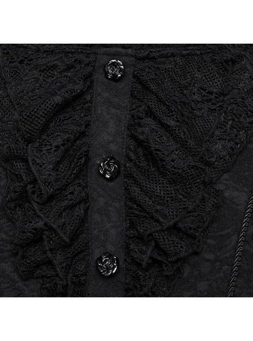 Exquisite Black Rose Woven Stitching Lace Double Layer Ruffle Front Center False Placket Gothic Style Long Sleeved Low Neck T-Shirt