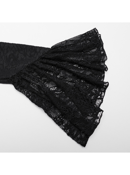 Exquisite Black Rose Woven Stitching Lace Double Layer Ruffle Front Center False Placket Gothic Style Long Sleeved Low Neck T-Shirt