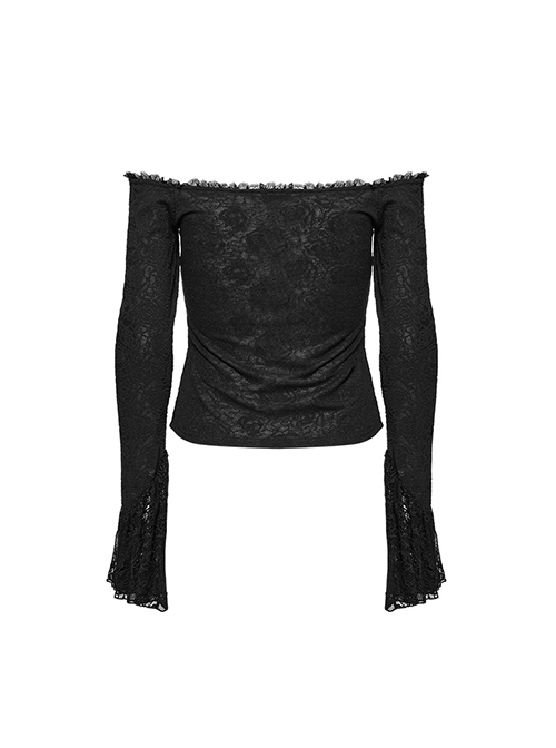 Exquisite Black Rose Woven Stitching Lace Double Layer Ruffle Front Center False Placket Gothic Style Long Sleeved Low Neck T-Shirt