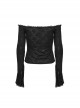 Exquisite Black Rose Woven Stitching Lace Double Layer Ruffle Front Center False Placket Gothic Style Long Sleeved Low Neck T-Shirt