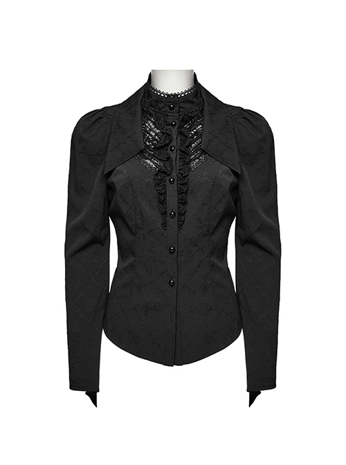 Black Non Stretch Woven Lace Front Center Lapel Design Gothic Style Slim Long Sleeve Shirt