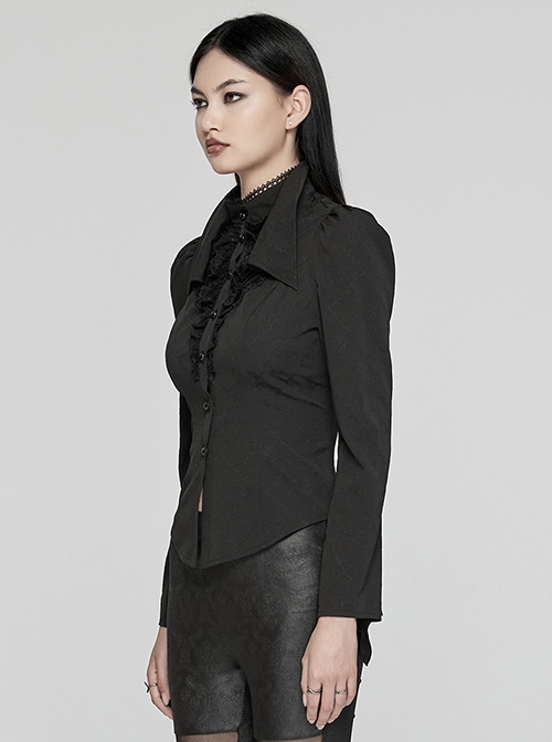 Black Non Stretch Woven Lace Front Center Lapel Design Gothic Style Slim Long Sleeve Shirt