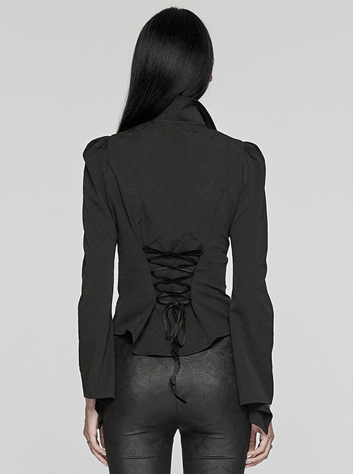 Black Non Stretch Woven Lace Front Center Lapel Design Gothic Style Slim Long Sleeve Shirt