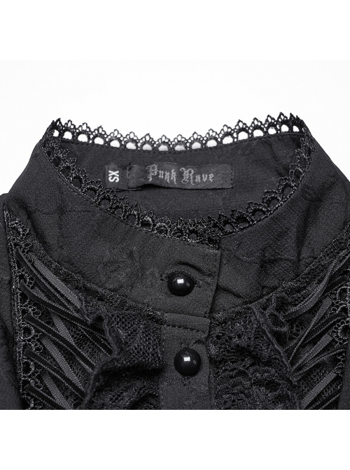 Black Non Stretch Woven Lace Front Center Lapel Design Gothic Style Slim Long Sleeve Shirt