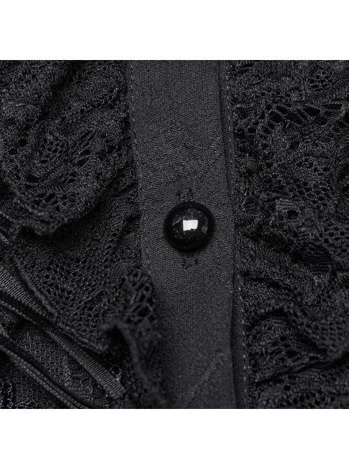 Black Non Stretch Woven Lace Front Center Lapel Design Gothic Style Slim Long Sleeve Shirt