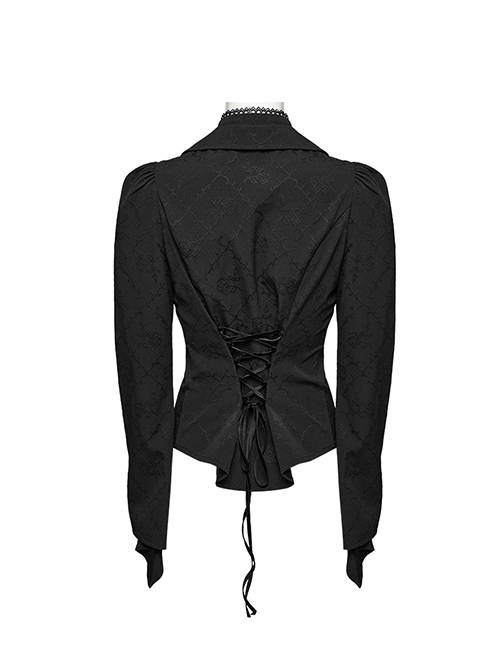 Black Non Stretch Woven Lace Front Center Lapel Design Gothic Style Slim Long Sleeve Shirt