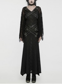 Novelty Black Elastic Rose Knitted Patchwork Lace Front Center Cross Leather Strap Decoration Gothic Style V Neck Long Sleeve Dress