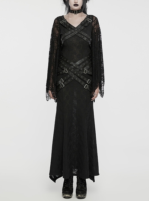 Novelty Black Elastic Rose Knitted Patchwork Lace Front Center Cross Leather Strap Decoration Gothic Style V Neck Long Sleeve Dress