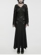 Novelty Black Elastic Rose Knitted Patchwork Lace Front Center Cross Leather Strap Decoration Gothic Style V Neck Long Sleeve Dress