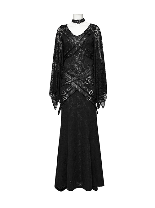 Novelty Black Elastic Rose Knitted Patchwork Lace Front Center Cross Leather Strap Decoration Gothic Style V Neck Long Sleeve Dress