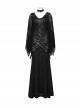 Novelty Black Elastic Rose Knitted Patchwork Lace Front Center Cross Leather Strap Decoration Gothic Style V Neck Long Sleeve Dress