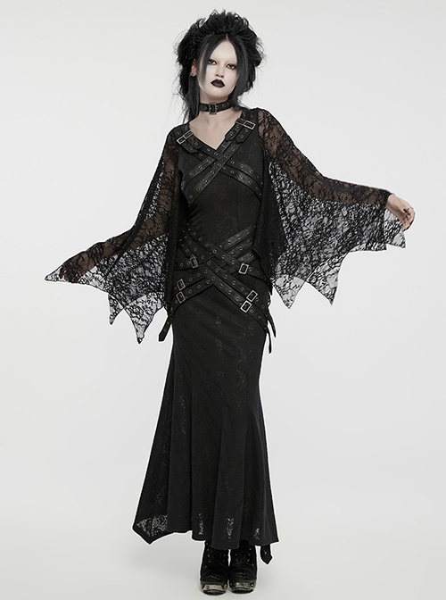 Novelty Black Elastic Rose Knitted Patchwork Lace Front Center Cross Leather Strap Decoration Gothic Style V Neck Long Sleeve Dress