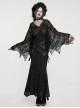 Novelty Black Elastic Rose Knitted Patchwork Lace Front Center Cross Leather Strap Decoration Gothic Style V Neck Long Sleeve Dress