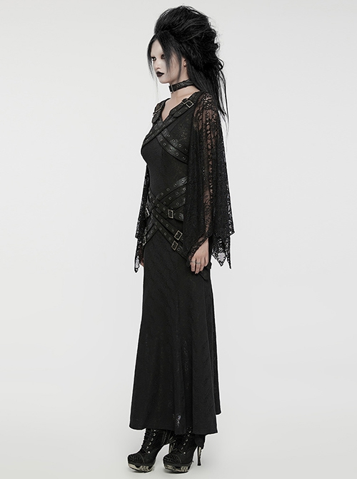 Novelty Black Elastic Rose Knitted Patchwork Lace Front Center Cross Leather Strap Decoration Gothic Style V Neck Long Sleeve Dress