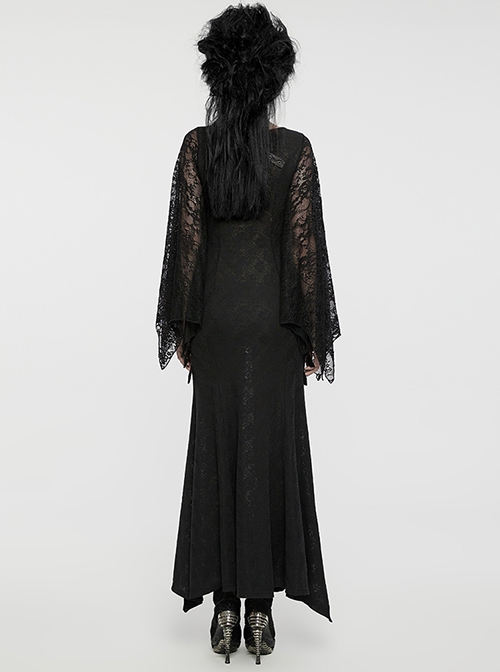 Novelty Black Elastic Rose Knitted Patchwork Lace Front Center Cross Leather Strap Decoration Gothic Style V Neck Long Sleeve Dress