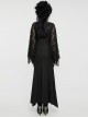 Novelty Black Elastic Rose Knitted Patchwork Lace Front Center Cross Leather Strap Decoration Gothic Style V Neck Long Sleeve Dress