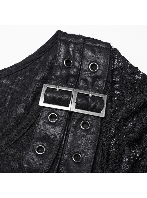 Novelty Black Elastic Rose Knitted Patchwork Lace Front Center Cross Leather Strap Decoration Gothic Style V Neck Long Sleeve Dress