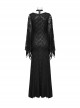 Novelty Black Elastic Rose Knitted Patchwork Lace Front Center Cross Leather Strap Decoration Gothic Style V Neck Long Sleeve Dress
