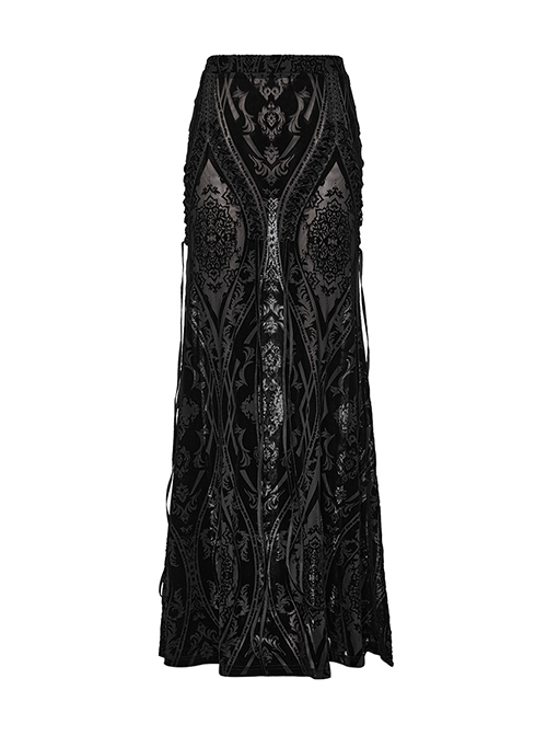 Elegant And Gorgeous Flocked Mesh Front Center Totem With Lace Binding Black Gothic Style Stretch Skirt