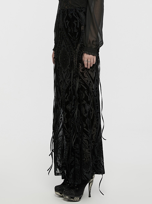 Elegant And Gorgeous Flocked Mesh Front Center Totem With Lace Binding Black Gothic Style Stretch Skirt