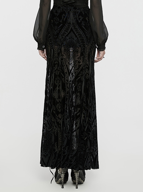 Elegant And Gorgeous Flocked Mesh Front Center Totem With Lace Binding Black Gothic Style Stretch Skirt