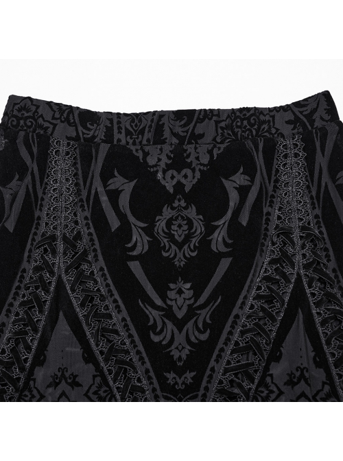 Elegant And Gorgeous Flocked Mesh Front Center Totem With Lace Binding Black Gothic Style Stretch Skirt