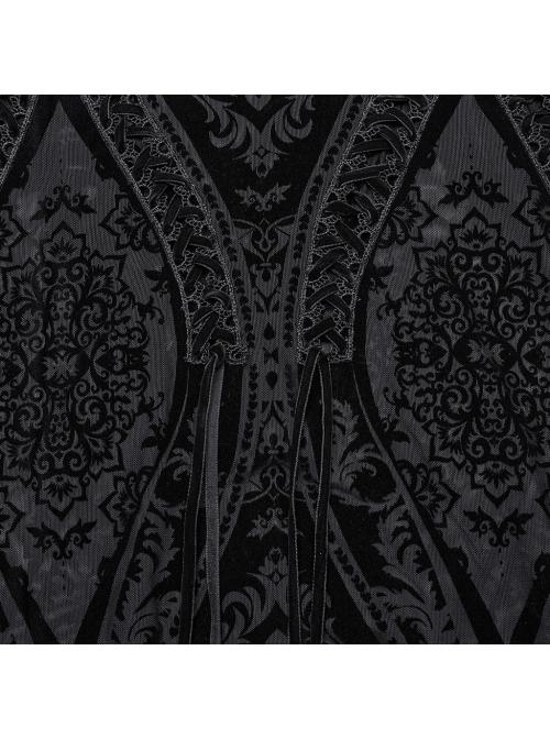 Elegant And Gorgeous Flocked Mesh Front Center Totem With Lace Binding Black Gothic Style Stretch Skirt