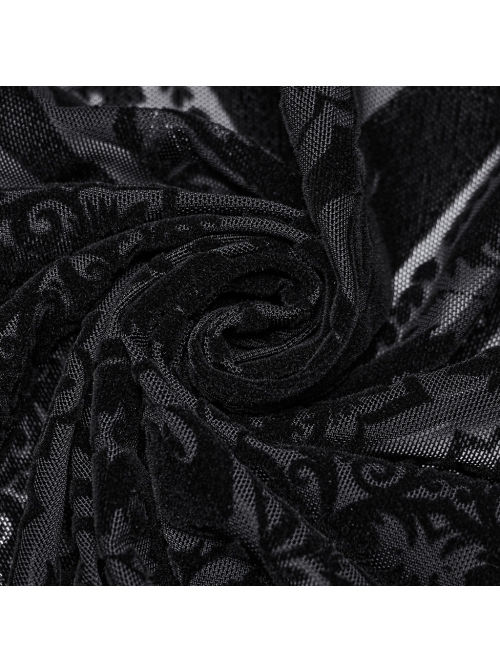 Elegant And Gorgeous Flocked Mesh Front Center Totem With Lace Binding Black Gothic Style Stretch Skirt