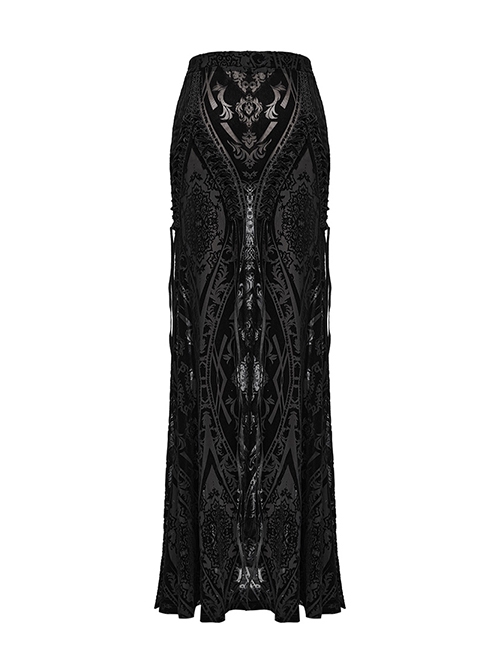Elegant And Gorgeous Flocked Mesh Front Center Totem With Lace Binding Black Gothic Style Stretch Skirt