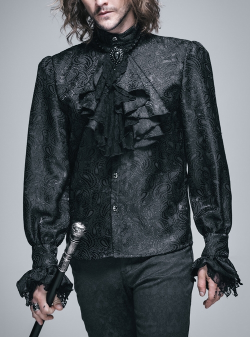 Paisley Jacquard Beads Chest Rose Mesh Lace Cuff Black Gothic Shirt