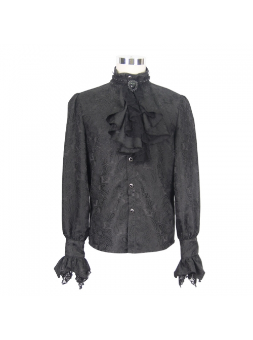 Paisley Jacquard Beads Chest Rose Mesh Lace Cuff Black Gothic Shirt