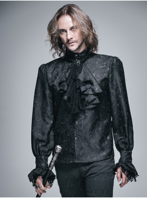 Paisley Jacquard Beads Chest Rose Mesh Lace Cuff Black Gothic Shirt
