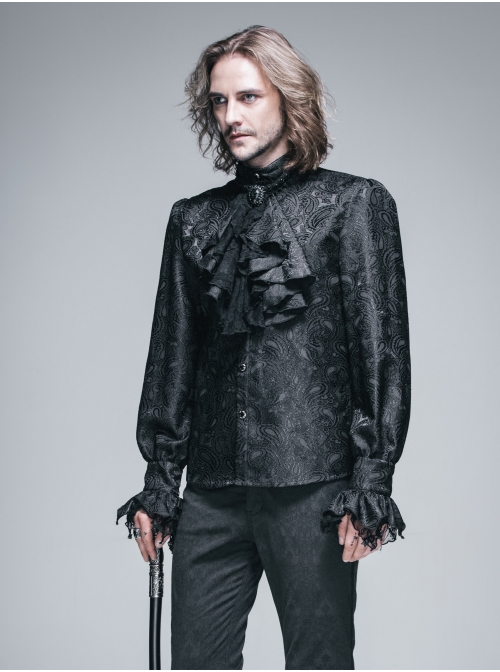 Paisley Jacquard Beads Chest Rose Mesh Lace Cuff Black Gothic Shirt