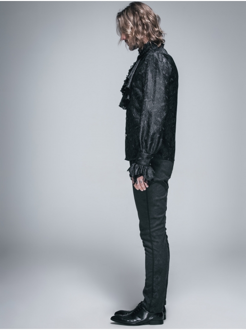 Paisley Jacquard Beads Chest Rose Mesh Lace Cuff Black Gothic Shirt