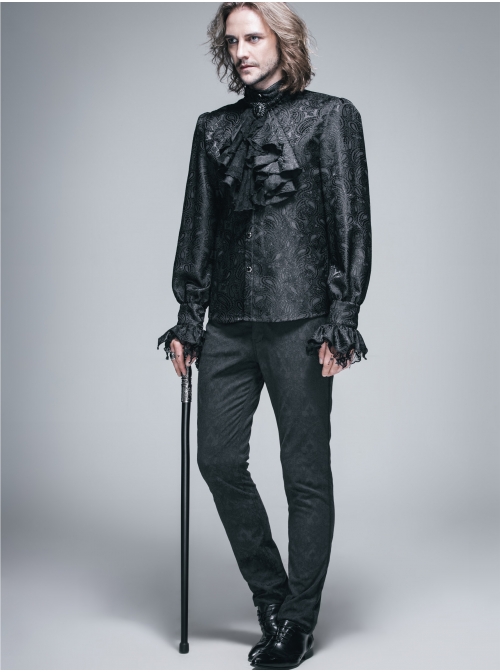 Paisley Jacquard Beads Chest Rose Mesh Lace Cuff Black Gothic Shirt