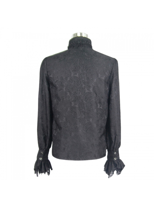 Paisley Jacquard Beads Chest Rose Mesh Lace Cuff Black Gothic Shirt