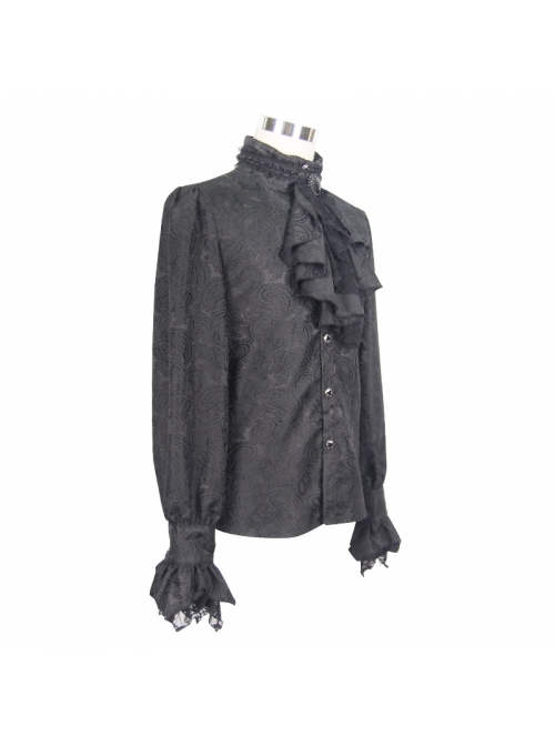 Paisley Jacquard Beads Chest Rose Mesh Lace Cuff Black Gothic Shirt