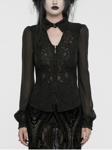 Black Stretch Dark Pattern Woven Splicing Micro Transparent Chiffon Front Neutral Collar Hollow Applique With Pendant Gothic Style Long Sleeved Shirt