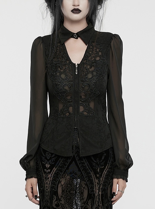 Black Stretch Dark Pattern Woven Splicing Micro Transparent Chiffon Front Neutral Collar Hollow Applique With Pendant Gothic Style Long Sleeved Shirt