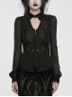 Black Stretch Dark Pattern Woven Splicing Micro Transparent Chiffon Front Neutral Collar Hollow Applique With Pendant Gothic Style Long Sleeved Shirt