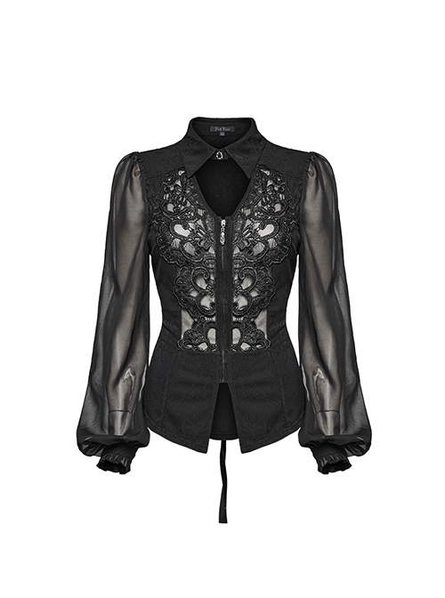 Black Stretch Dark Pattern Woven Splicing Micro Transparent Chiffon Front Neutral Collar Hollow Applique With Pendant Gothic Style Long Sleeved Shirt