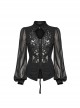 Black Stretch Dark Pattern Woven Splicing Micro Transparent Chiffon Front Neutral Collar Hollow Applique With Pendant Gothic Style Long Sleeved Shirt