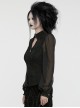 Black Stretch Dark Pattern Woven Splicing Micro Transparent Chiffon Front Neutral Collar Hollow Applique With Pendant Gothic Style Long Sleeved Shirt