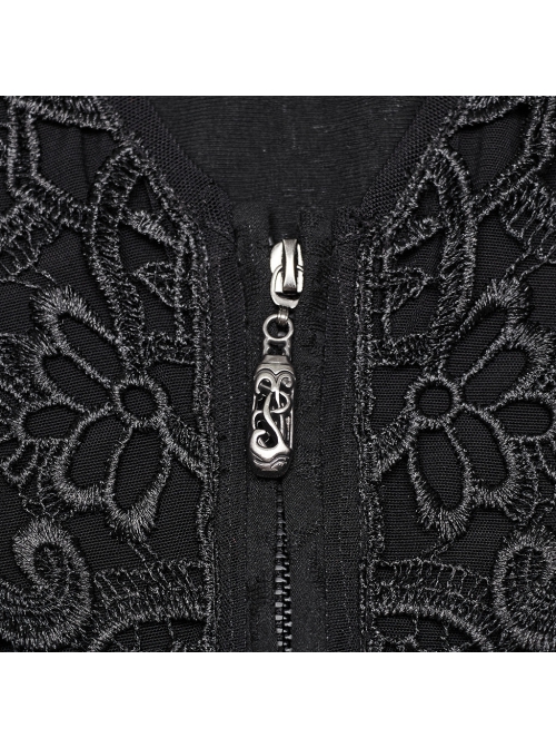 Black Stretch Dark Pattern Woven Splicing Micro Transparent Chiffon Front Neutral Collar Hollow Applique With Pendant Gothic Style Long Sleeved Shirt