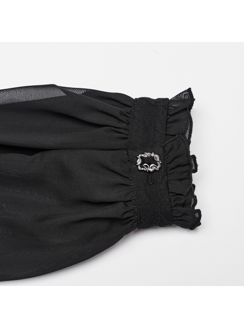 Black Stretch Dark Pattern Woven Splicing Micro Transparent Chiffon Front Neutral Collar Hollow Applique With Pendant Gothic Style Long Sleeved Shirt